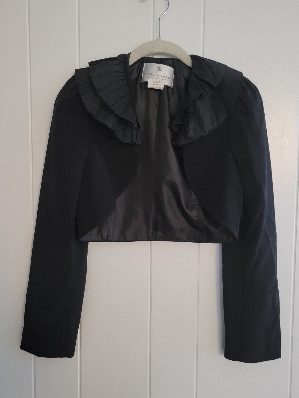 Willa Han Cropped Bolero Jacket Ruffled Neckline Black Silk France Evening 4